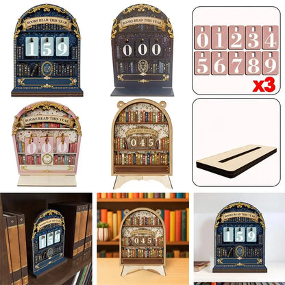 Wooden Book Reading Counter Vintage Year Tracker Multi-Purpose Bookshelf Ornament Home Office Gift for Reading Enthusiast