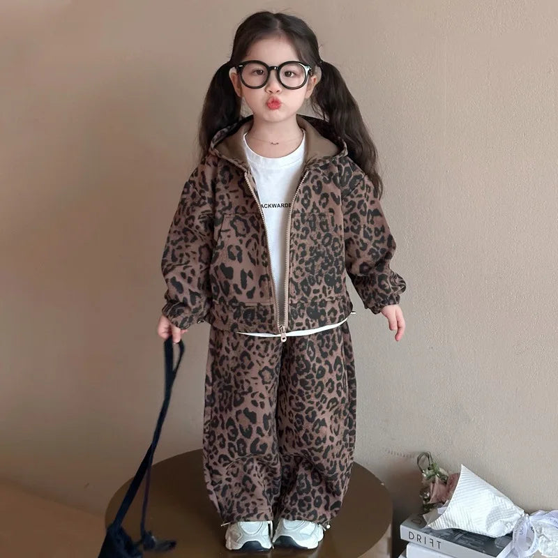 Girls Suit 2025 Autumn and Winter New Children's Clothing Korean Style Girl Baby Fashion Leopard Print Hoodie Sports Two Sets