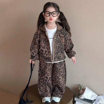 Girls Suit 2025 Autumn and Winter New Children's Clothing Korean Style Girl Baby Fashion Leopard Print Hoodie Sports Two Sets