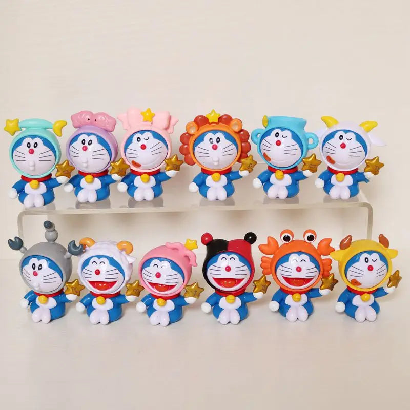 12 constellation Doraemon character set, tinkling cat 12 zodiac PVC mini statue, desktop ornaments collection model toy gift.