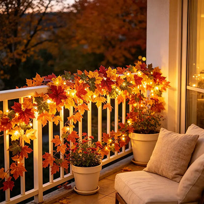 Fall Maple Leaf Garland with Lights, Artificial Autumn Leaf Vine, Thanksgiving Halloween Hanging Garland for Home Wedding Party