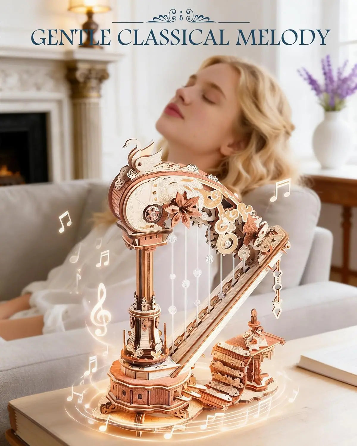 ROKR Magic Harp 3D Wooden Puzzle Music Box Mechanical Art Craft Kits Vintage Musical Wooden Model Kit for Adults Home