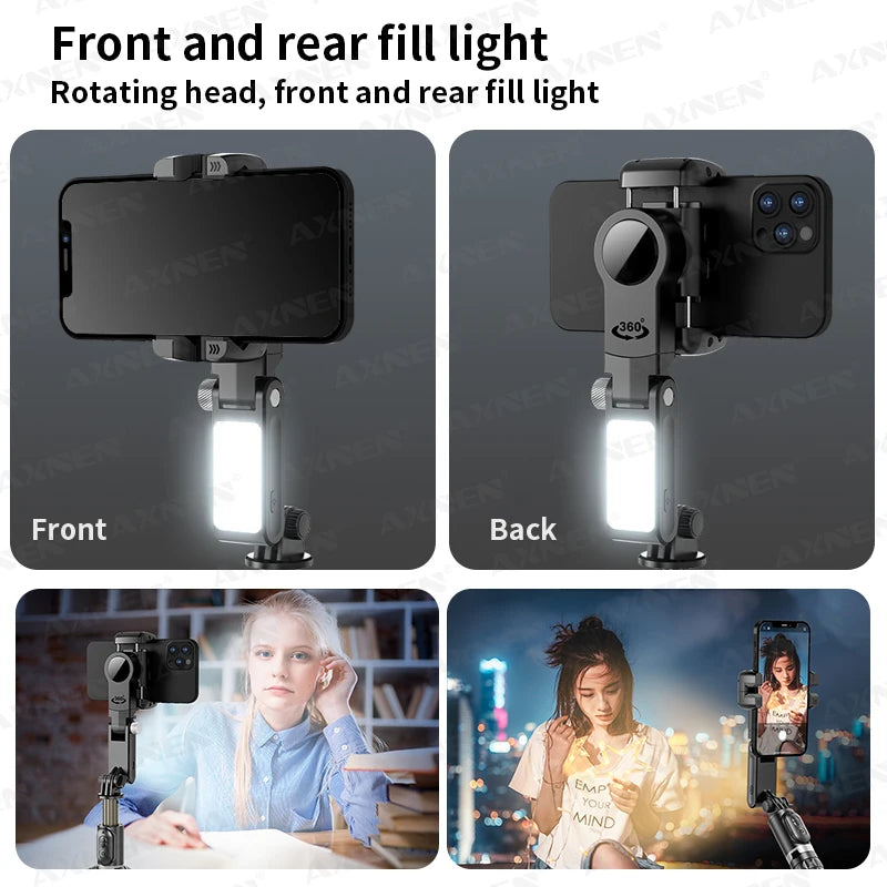 AXNEN Q18 Gimbal for Mobile Phone Stabilizer, 360 Auto Rotation Desktop Follow Gimbal with Fill Light Remote for iPhone Android