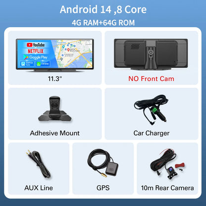 Imagebon 11.4" Android 14 Dashcam 8 Core In-Cell Screen with Wireless CarPlay & Android Auto Youtube Netflix Google Play Car DVR