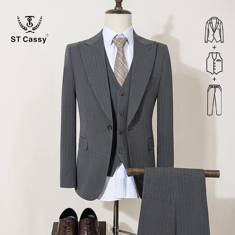 ST Cassy High-Quality Black Striped Suit Slim Fit Luxurious and Elegant Men's Business Suit Wedding Fashion Clothing 3-Piece Set