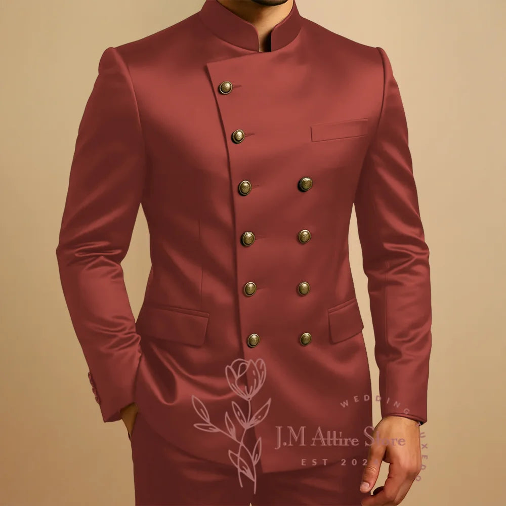Green Suits for Men 2 Piece Satin Sets Double Breasted Blazer Pants Tailored Wedding Party Travel Africa Traditional Clothes
