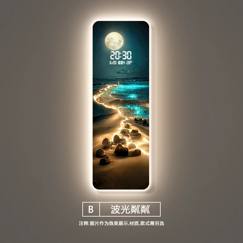 Wave painting, living room clock, moon digital display, intelligent electronic clock, entrance decoration, painted lights