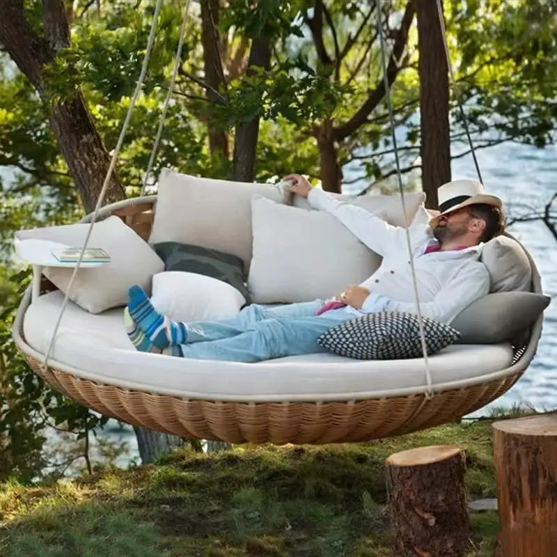 Outdoor Hanging Daybed Round Wicker Rattan Swing Bed Patio Garden Sofa Large Hammock Lounge Chair Waterproof Cushion