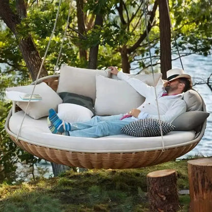 Outdoor Hanging Daybed Round Wicker Rattan Swing Bed Patio Garden Sofa Large Hammock Lounge Chair Waterproof Cushion