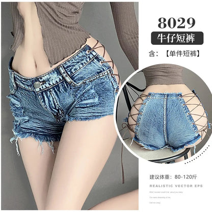 Sexy Low-rise Open Crotch Shorts Bodysuit with Distressed Denim Nightclub Lingerie Set