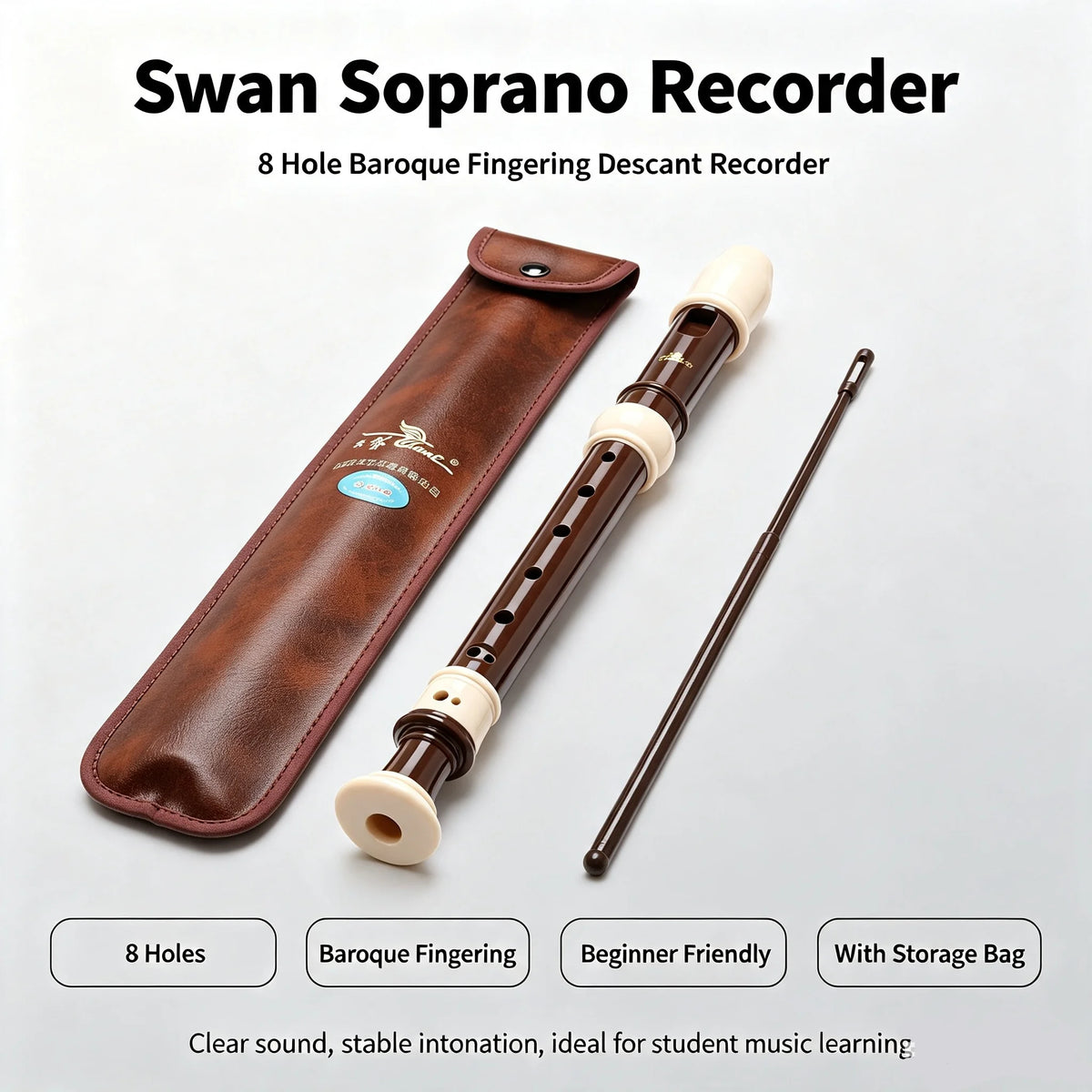 Baroque Style 8 Holes C Soprano Recorder Swan ABS Plastic Descant Flute Easy Learning Recorder Gift for School Music Class Begin