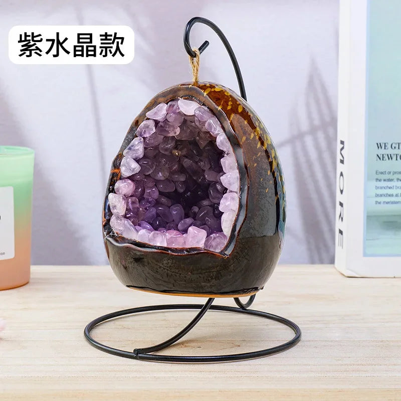 Natural Amethyst Cave Table Lamp Dinosaur Egg Bedroom LED Night Light Bedside Lamp Amethyst Flower Handicraft Home Decoration