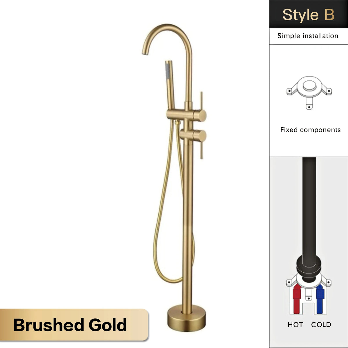 AITANA Luxury Black Brass Bathroom Faucet. Floor Standing Design with Simple 2 Handle Hot and Cold Bathtub and Dual-Mode Faucet