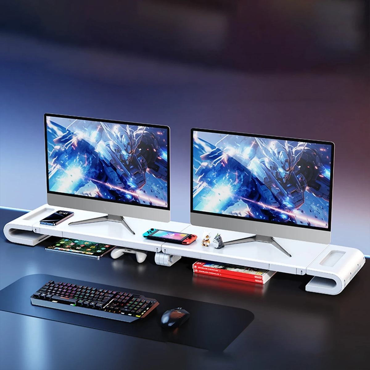 Eary Dual Monitor Stand Riser Length Adjustable Laptop Monitor Desktop Organizer Stand with Phone Tablet Holder for Home Office