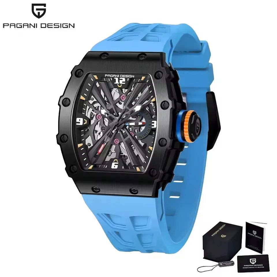 PAGANI DESIGN Men's Quartz Watch Tonneau Hollow Dial Luminous 50M Waterproof Sports Silicone Strap Luxury Watch Reloj Hombre