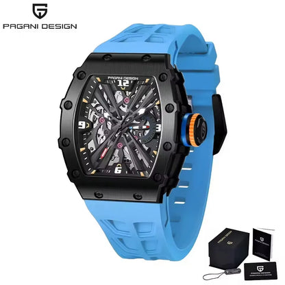 PAGANI DESIGN Men's Quartz Watch Tonneau Hollow Dial Luminous 50M Waterproof Sports Silicone Strap Luxury Watch Reloj Hombre