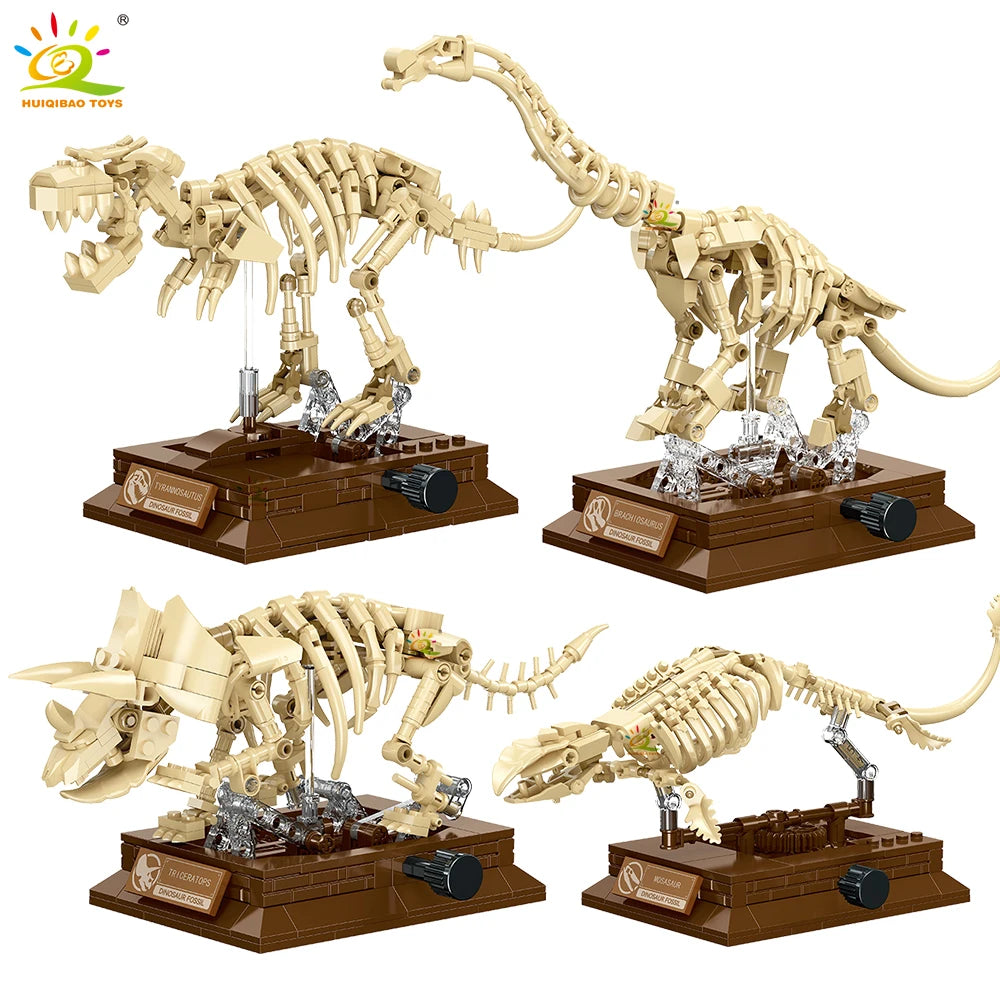 HUIQIBAO Dinosaur Skeleton Fossil Model Building Blocks Triceratops Velociraptor Dino Jurassic Series Bricks for Children Toy