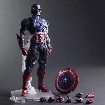 Iron Man, War Machine, Spider-Man, Captain America, Black Panther. Marvel action figures.