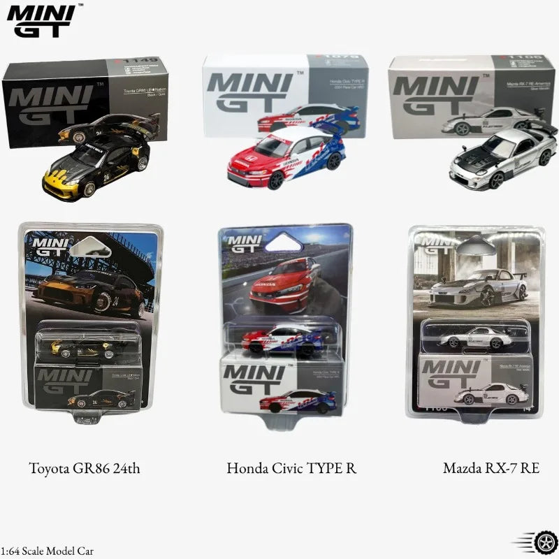 MINI GT series 1/64 Mazda RX7 RE Amemiya 2025D1GP, #1192 Countach, BMW M5，metal cast model car, boys' gift, collection piece.