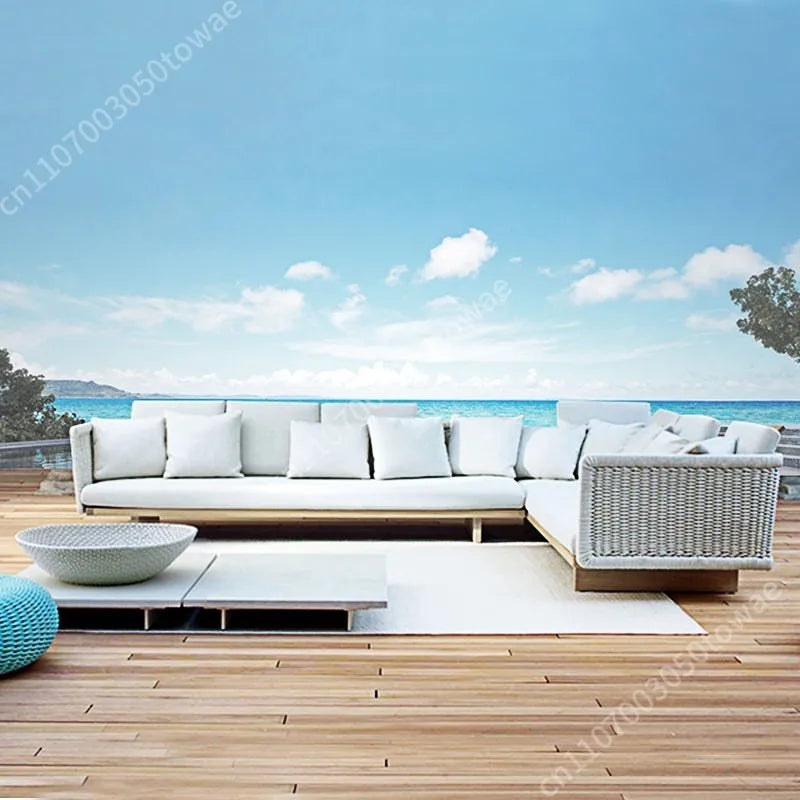 Woven Rattan Outdoor Sofa with Solid Wood Base, Weather-Resistant Patio Couch, 3-Seater Lounge Sofa for Balcony & Garden