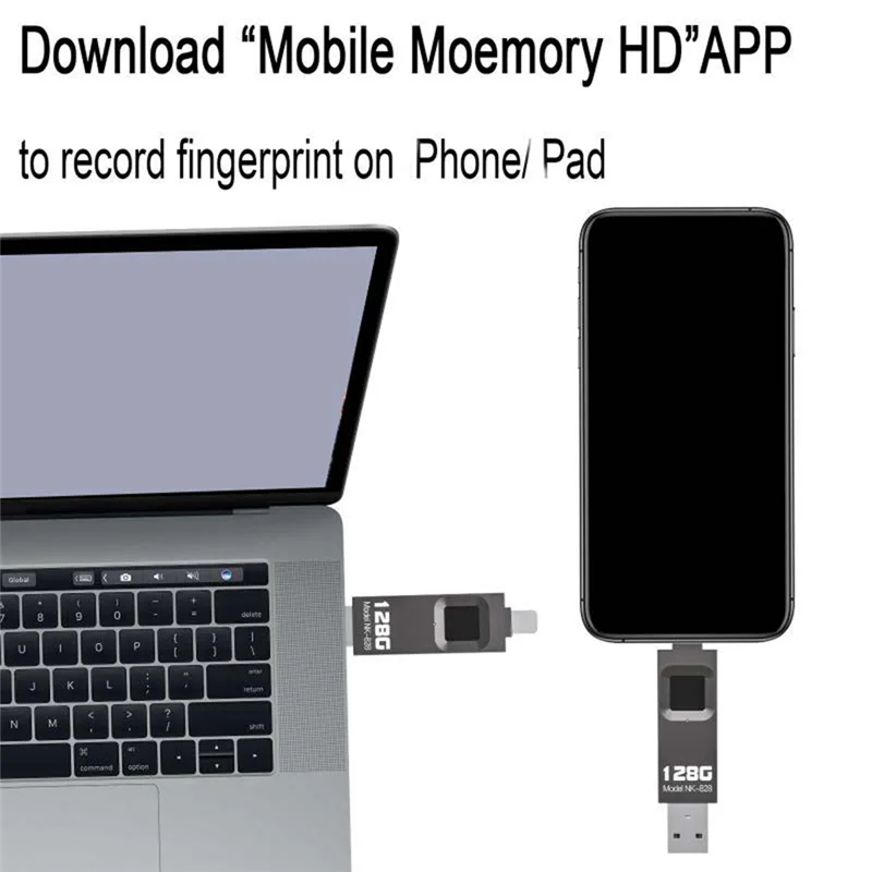 New!!1 Piece Fingerprint Encrypted U Disk Mobile Phone Computer Dual-Use High-Speed Transmission Flash Memory 128G For Iphone/IP