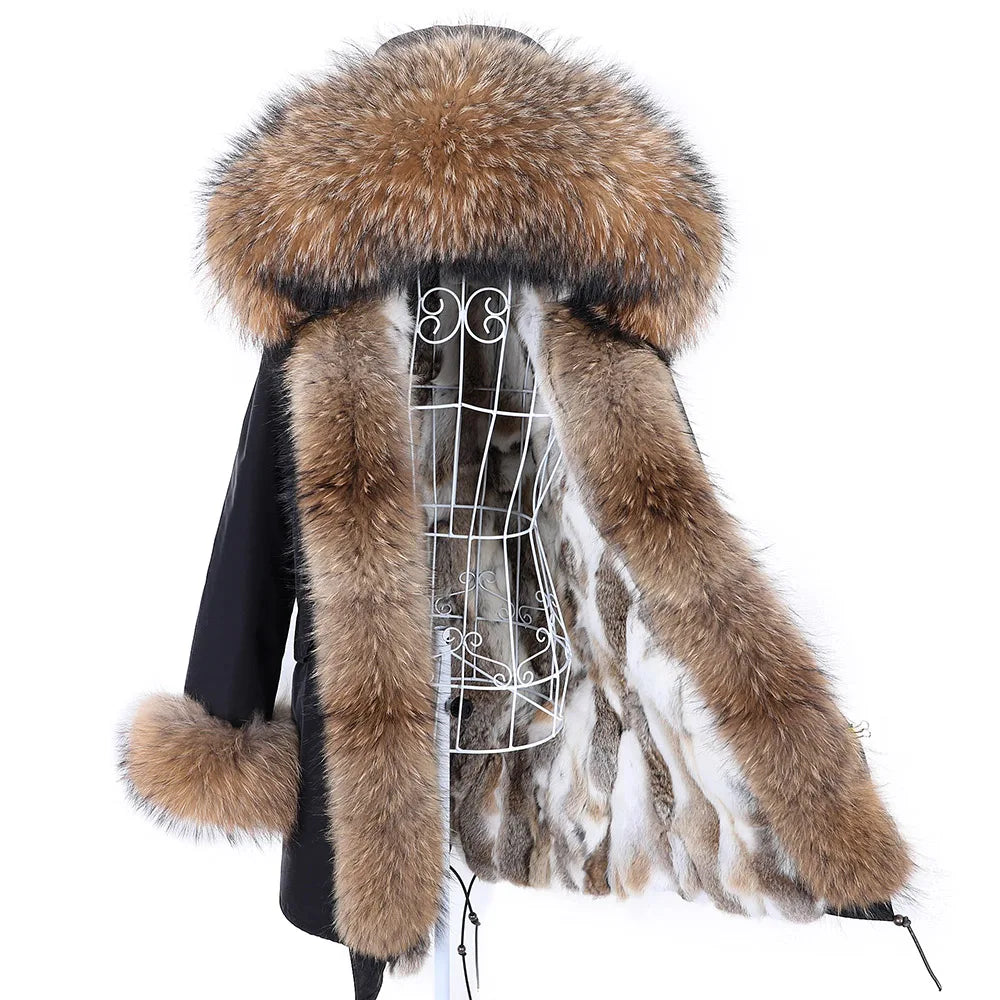 2026 Maomaokong Women's Winter Coats Rabbit Lining Jacket Natural Real Raccoon Fur Collar Parka Fox Fur Long Female Clothing