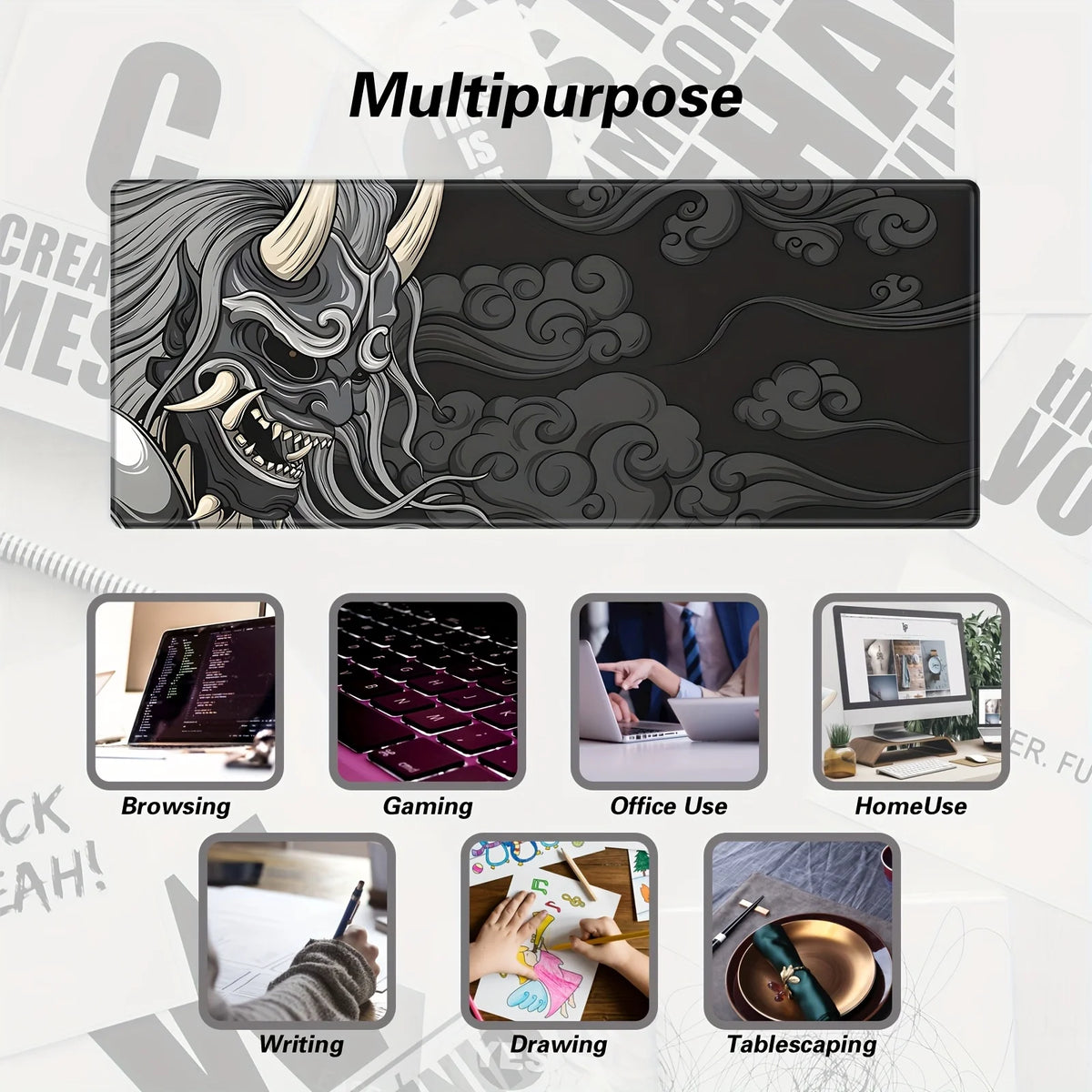 Large Gaming Mouse Pad - Artisan Desk Mat with Yokai Design, Washable Non-Slip Rubber Base, Black & Gray Japanese Monster Art