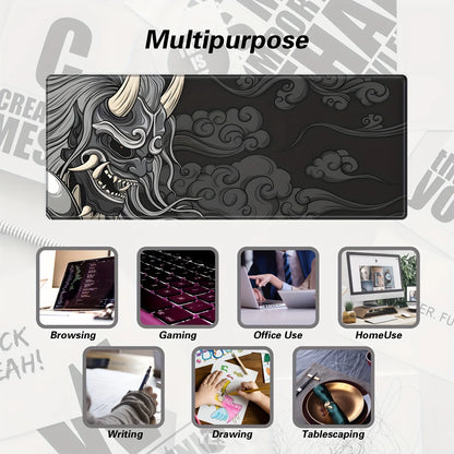 Large Gaming Mouse Pad - Artisan Desk Mat with Yokai Design, Washable Non-Slip Rubber Base, Black & Gray Japanese Monster Art