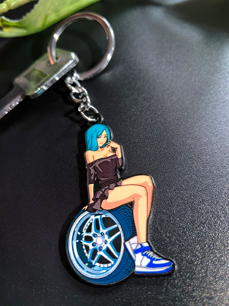 JDM Style Key Chain Sexy Girl 3D Metal Zinc Alloy Keychain Holder Car Motorcycle Key Ring Pendant Wheel Auto Accessories Gift