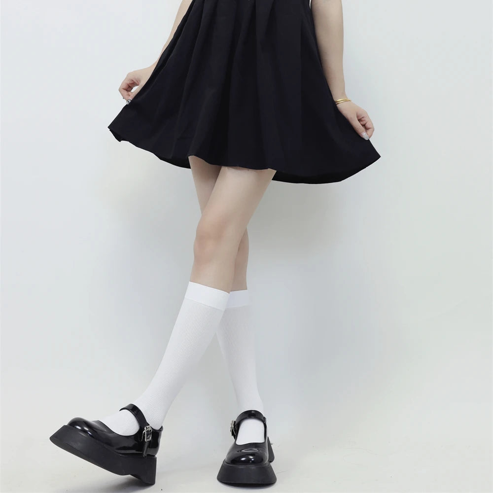 Solid Color Black White Long Socks Women Stockings JK Girls Thigh High Stockings Velvet Breathable Knee High Socks Stockings Sox