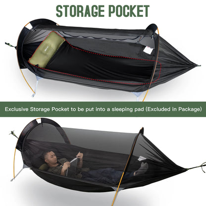 Hammock Solo Camping with Rain Fly and Bug Net Hammock Tent with Storage Pocket for Sleeping Pad Green/Camo