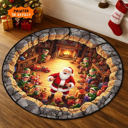 Christmas Santa 3D Round Rug Printed Illusion Carpet Holiday Decoration Xmas Tree Living Room Santa Xmas Decor Xmas Holiday Rug