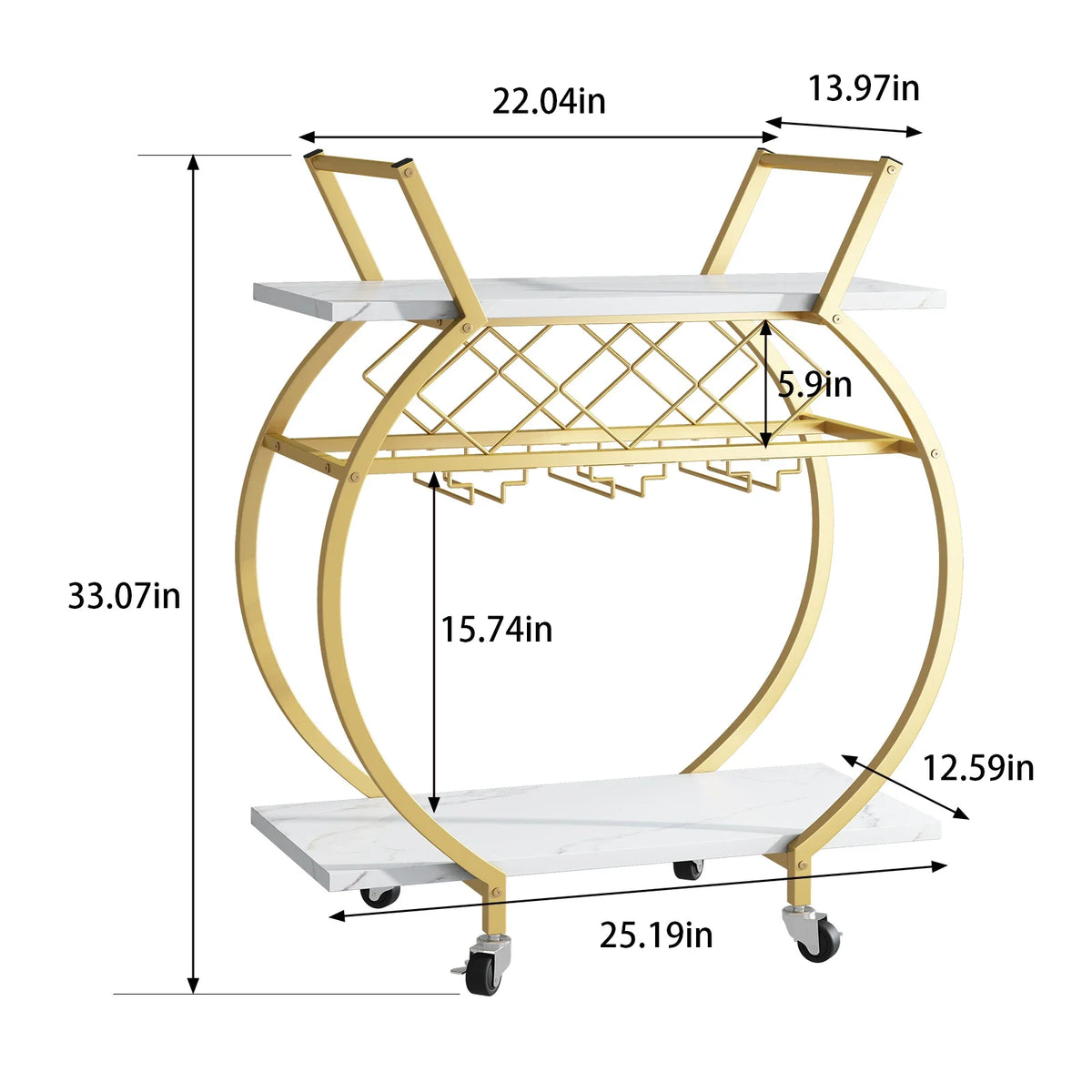 Gold and White Bar Cart Mini Rolling Kitchen Storage Cart with Wine Rack and Glass Holders Wine Cart