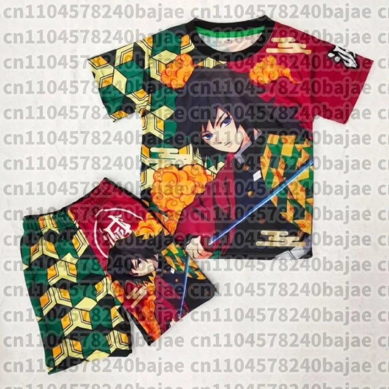 Demon Slayer Kyojuro Rengoku Flame Hashira 2-Piece Set Short Sleeve T-shirt and Matching Shorts Anime Print Casual Loungewear