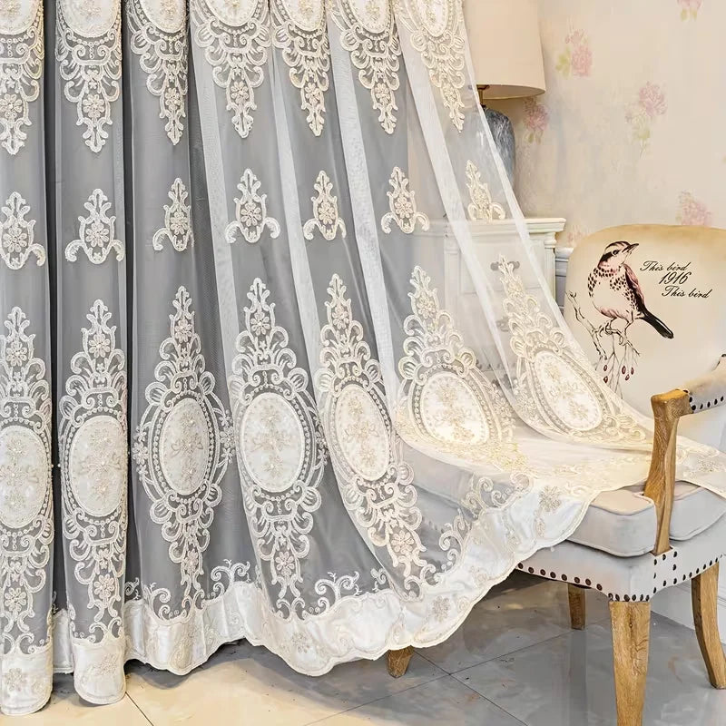 1pc Double Layer Multicolor Blackout Curtain, European Palace Embroidered Sheer + Blind Set, Easy Install for Living Room Bedroo