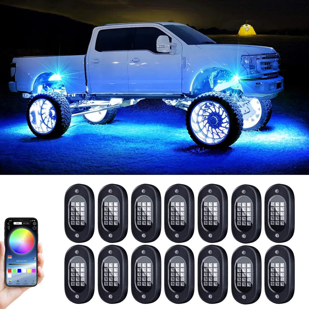 RGB LED Rock Lights 4/6/8/10/12/14 Pods APP Control Music Neon Car Underglow Chassis Light for Offroad Truck SUV Rock Lights