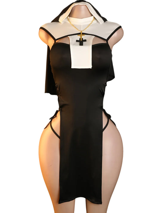Sexy Nun Cosplay Costume Women's Gothic Lingerie Black White Hollow out Mini Dress with Cross Necklace Anime Roleplay Halloween