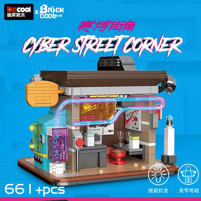DECOOL Cyberpunk Street View Building Blocks Coffee Shop Sushi Restaurant With Led Strip Bricks Toys For Boys Birthday Gifts