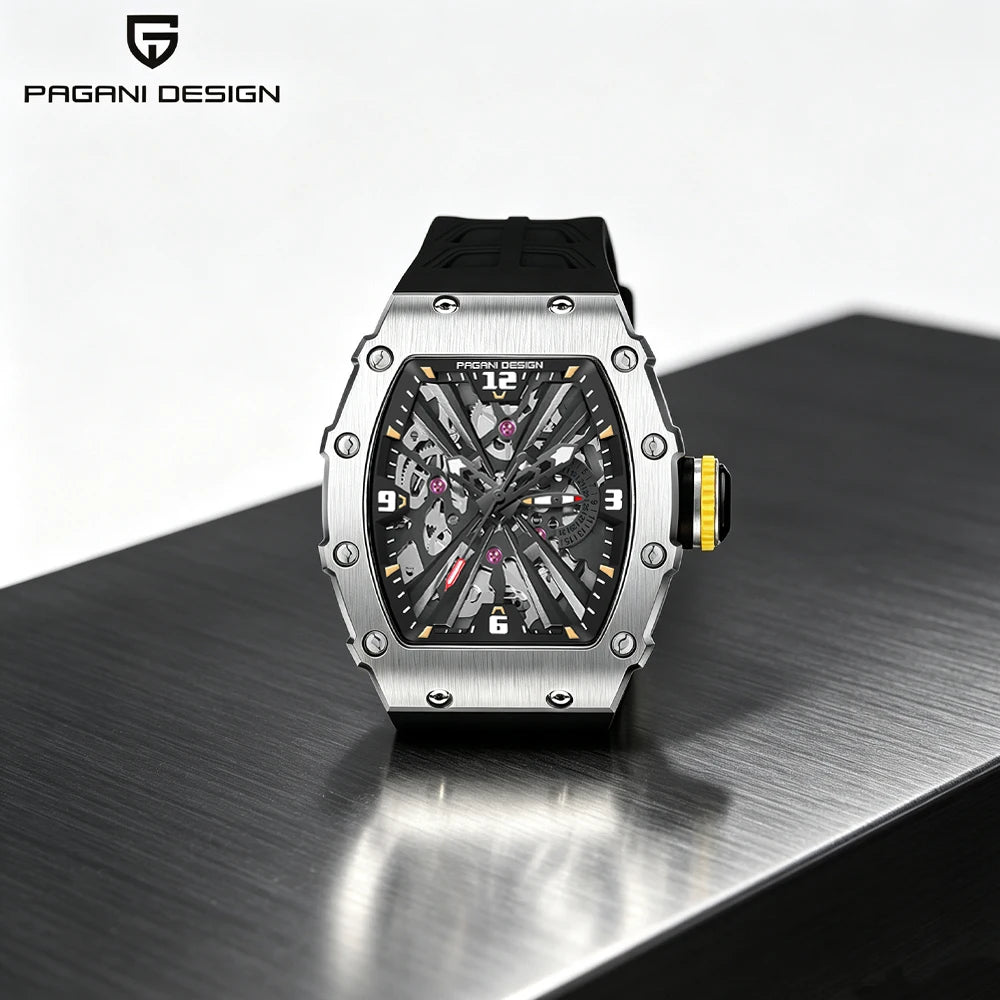 PAGANI DESIGN Men's Quartz Watch Tonneau Hollow Dial Luminous 50M Waterproof Sports Silicone Strap Luxury Watch Reloj Hombre