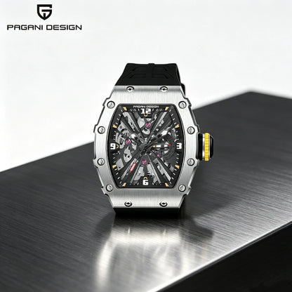 PAGANI DESIGN Men's Quartz Watch Tonneau Hollow Dial Luminous 50M Waterproof Sports Silicone Strap Luxury Watch Reloj Hombre