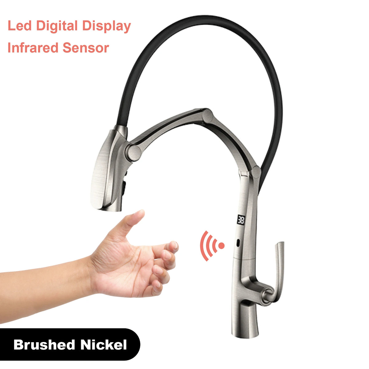 Luxury Gunmetal Brass Kitchen Faucet with LED Display,Sensor&Pull-Out 3-Function Spray,Touchless High Pressure Water-Saving Tap