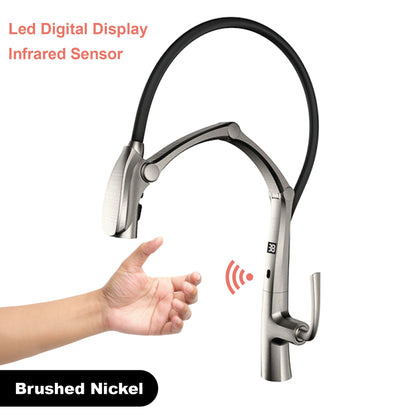 Luxury Gunmetal Brass Kitchen Faucet with LED Display,Sensor&Pull-Out 3-Function Spray,Touchless High Pressure Water-Saving Tap