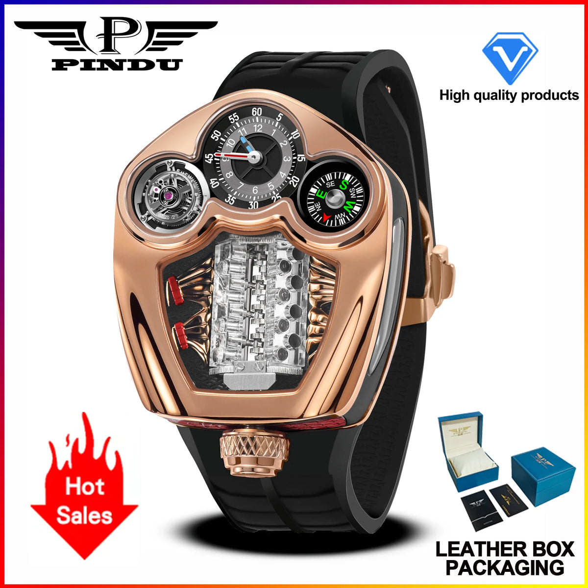 PINDU Design NEW Engine Series Quartz Watch Men Stainless steel Compass Waterproof Swiss quartz 762 movement watch TOP-luxurious