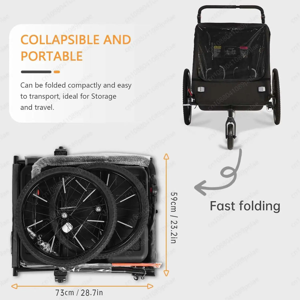 BT920 Child Bike Trailer Double Seat Max 88lbs Foldable Compact Storage Jogging Stroller Mode With Handbrake