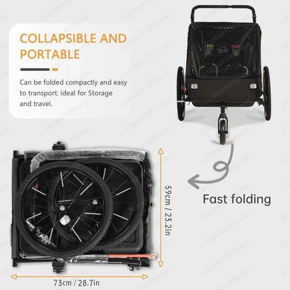 BT920 Child Bike Trailer Double Seat Max 88lbs Foldable Compact Storage Jogging Stroller Mode With Handbrake