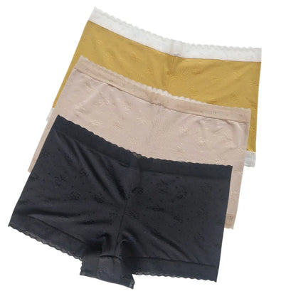 3Pcs/Set Ice Silk Boyshort Women Low Waist Panties Female Underpants Solid Color Lace Underwear Sexy Lingerie M-XL Boyshorts