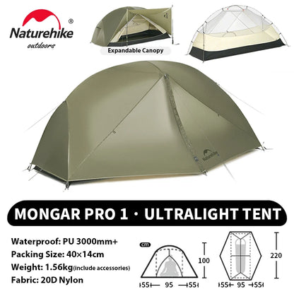Naturehike Mongar UL PRO 1-3 People Tent 20D Ultralight Travel Waterproof Hiking Survival Outdoor Camping Portable Sun Shelter
