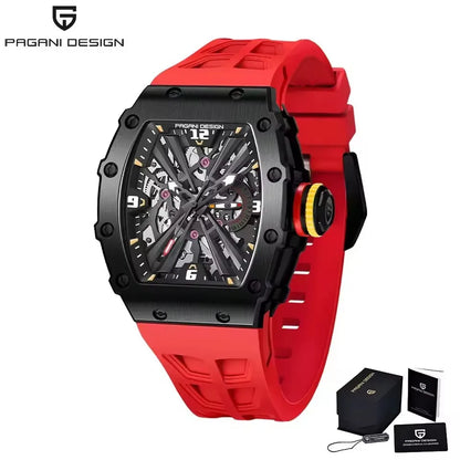 PAGANI DESIGN Men's Quartz Watch Tonneau Hollow Dial Luminous 50M Waterproof Sports Silicone Strap Luxury Watch Reloj Hombre