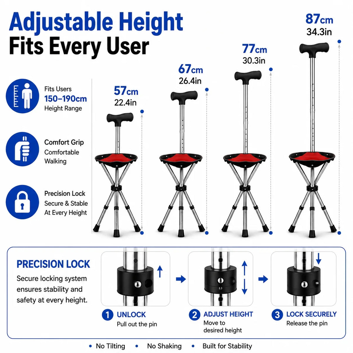 2-in-1 Folding Cane with Seat, Adjustable Walking Stick Chair for Seniors, Portable Non-Slip Cane Stool for Travel and Camping