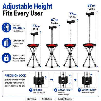 2-in-1 Folding Cane with Seat, Adjustable Walking Stick Chair for Seniors, Portable Non-Slip Cane Stool for Travel and Camping